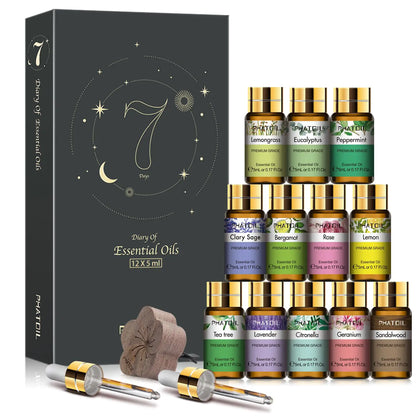 PHATOIL Essential Oil Set 12x5ml Essential Oils Gift Set with Diffused Wood Essential Oils for Diffusers DIY Candle Soap Making